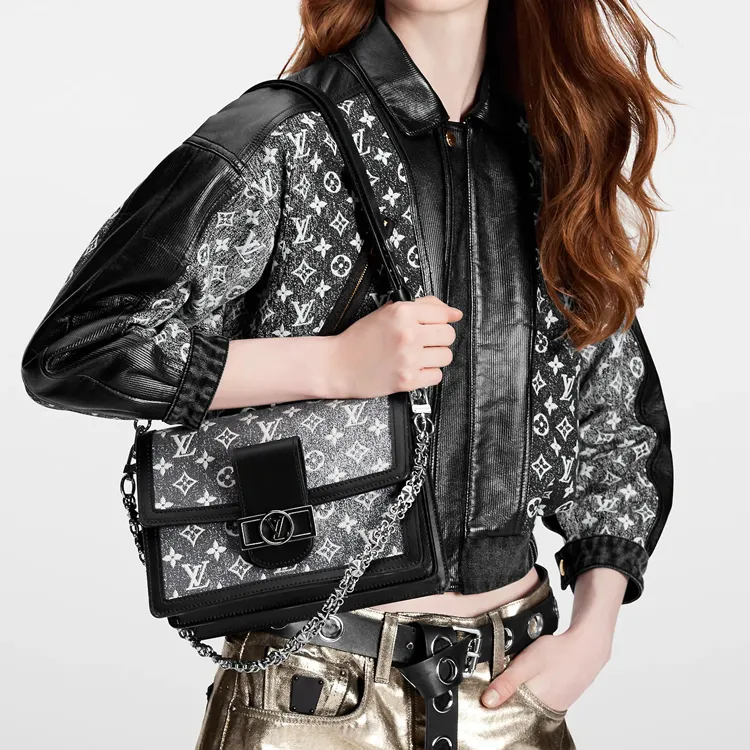LOUIS VUITTON Dauphine Fabric With Cow Leather Patchwork Trim Daphne Handbag Shoulder Bag Women's Gray-8