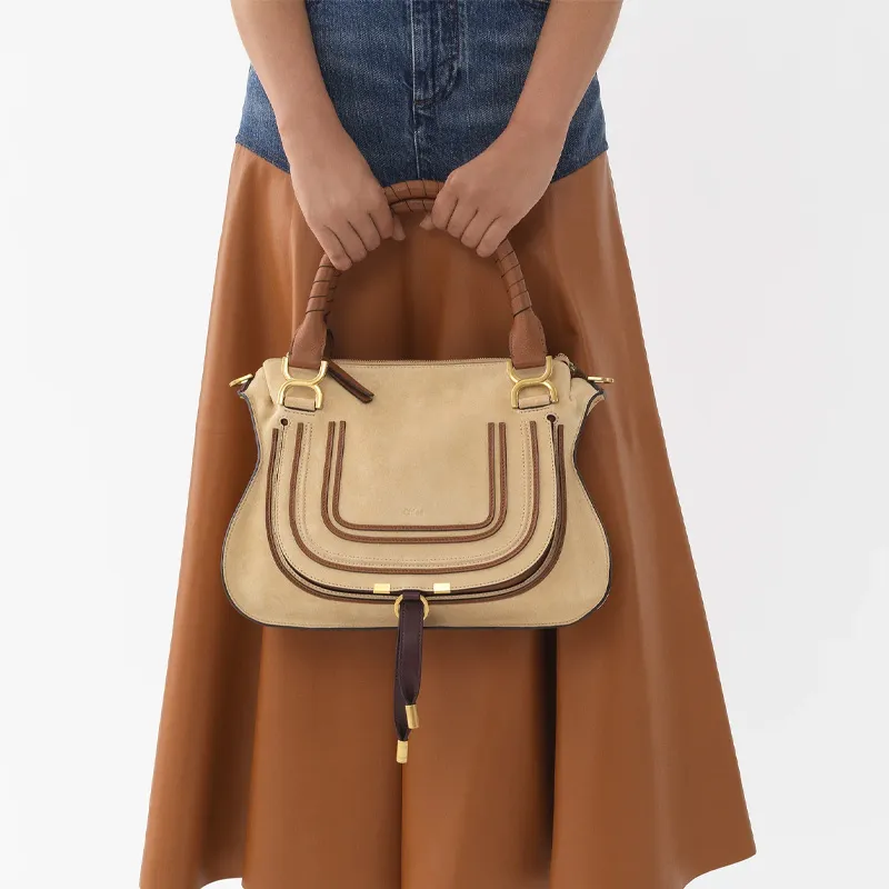 Chloe Marcie Suede Studded Calfskin Shoulder Bag Crossbody Bag Handbag Medium Size Women's Soft Brown-5