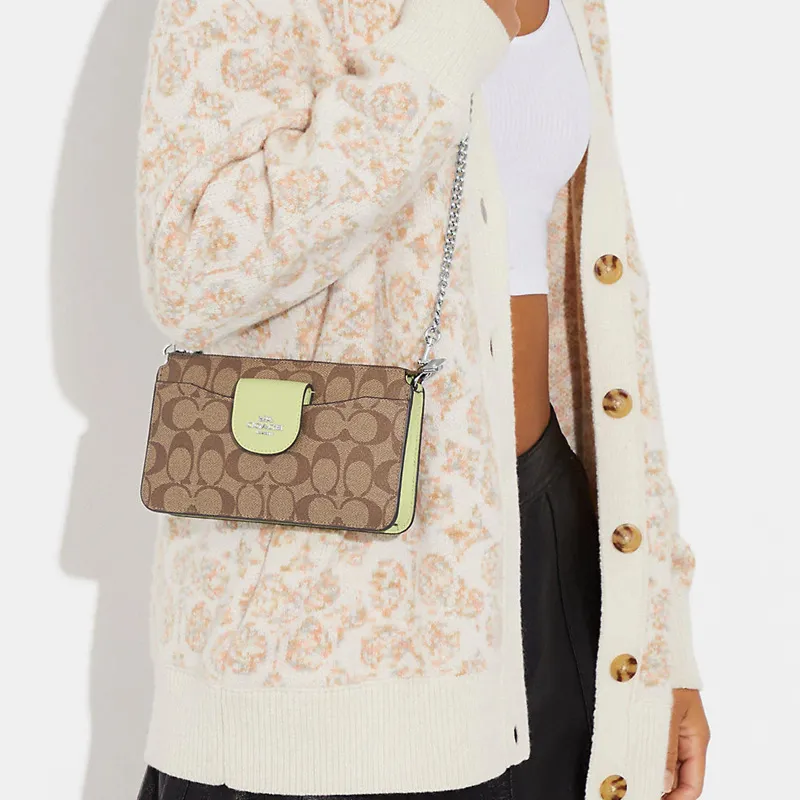 COACH Canvas With Leather Combo Bag Shoulder Bag Crossbody Bag Small Size Women's Brown Lime-3