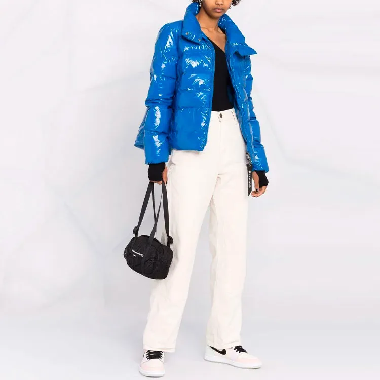 PINKO Shiny Stand Collar Puffer Jacket Women's Blue-1