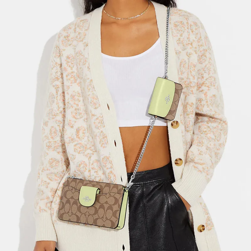 COACH Canvas With Leather Combo Bag Shoulder Bag Crossbody Bag Small Size Women's Brown Lime-4
