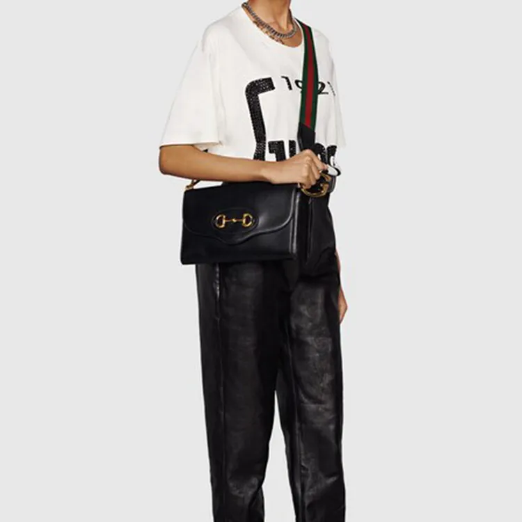 GUCCI Horsebit 1955 Leather Handbag Shoulder Bag Crossbody Bag Small Size Women's Black-9