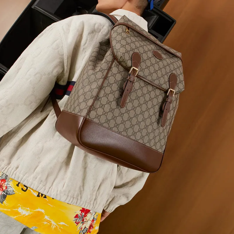 GUCCI Canvas With Leather Backpack Regular Men's Brown/Ebony-7