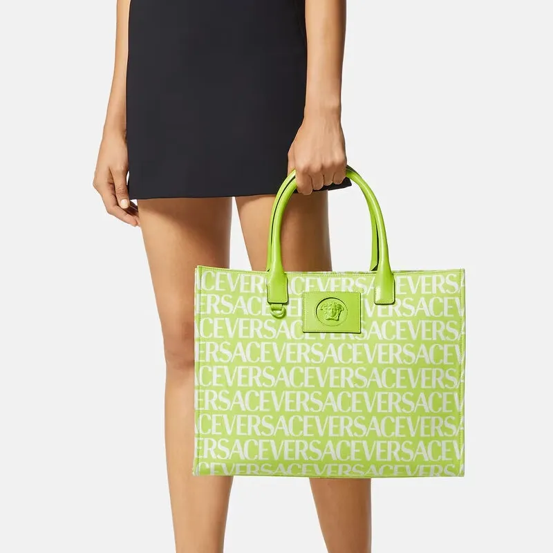 VERSACE Cotton With Cow Leather Patchwork Tote Bag Shopping Bag Handbag Large Size Women's Green-4