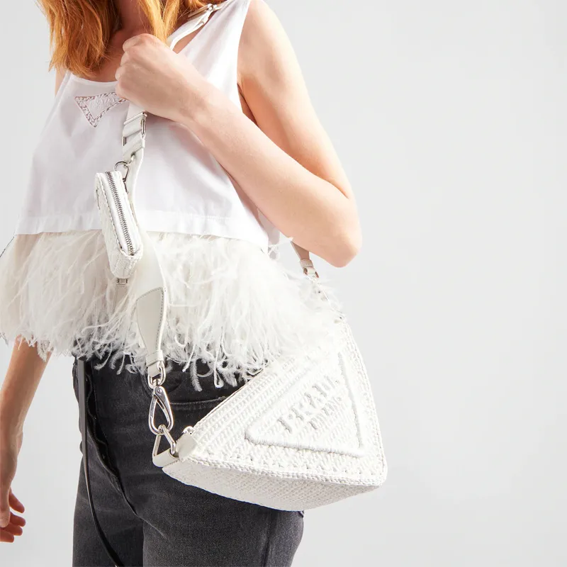 PRADA Triangle Straw Woven With Wicker Woven And Raffia Fiber Shoulder Bag Crossbody Bag Women's White-4