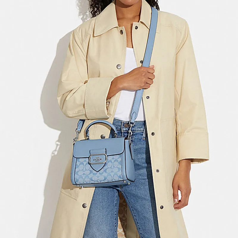 COACH Morgan Chambray Fabric With Cow Leather Handbag, Shoulder Bag, Crossbody Bag Trumpets Women's Light Blue-3