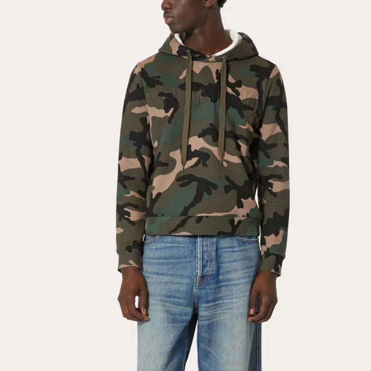 Valentino Logo Embossed Camouflage Drawstring Hoodie-3