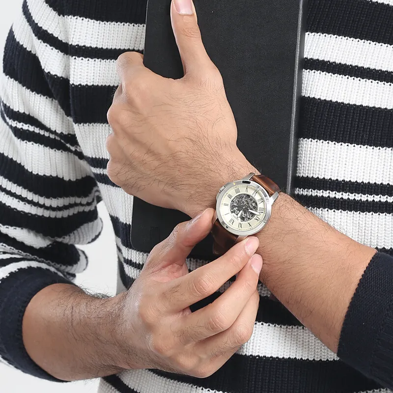 FOSSIL Wrist Watch Mechanical Movement Genuine Leather Strap 44mm White Dial Men's Watches ME3099-2
