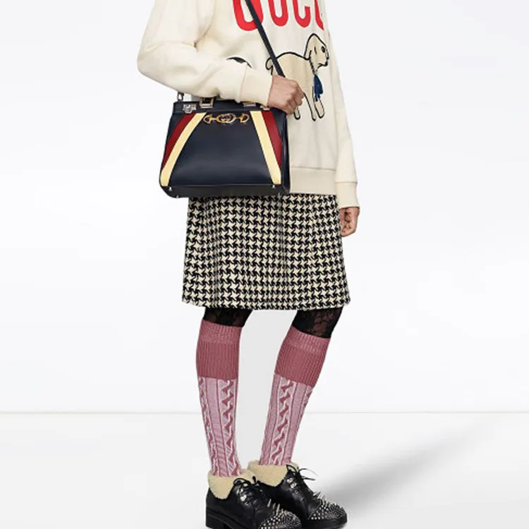 GUCCI Zumi Leather Handbag Trumpets Women's Dark Blue/Red/Beige-4