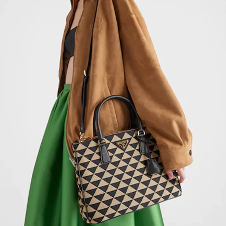 PRADA Saffiano Fabric With Leather Shoulder Bag Crossbody Bag Handbag Women's Black Beige Multicolor-3