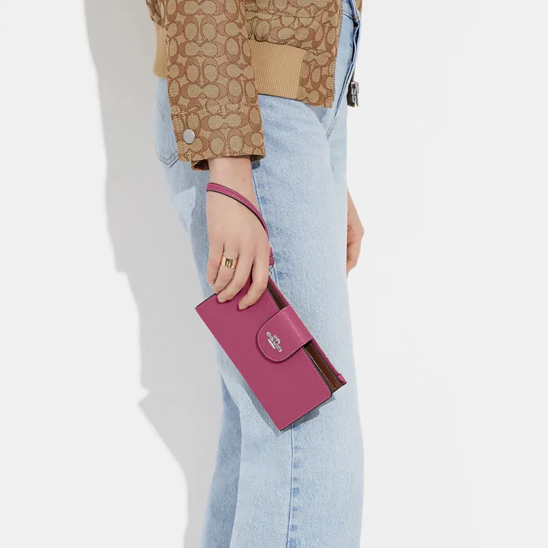 COACH Tech Wallet Cross-Stitch Leather Wrist Pouch Coin Purse Wallet Small Size Women's Light Raspberry-2