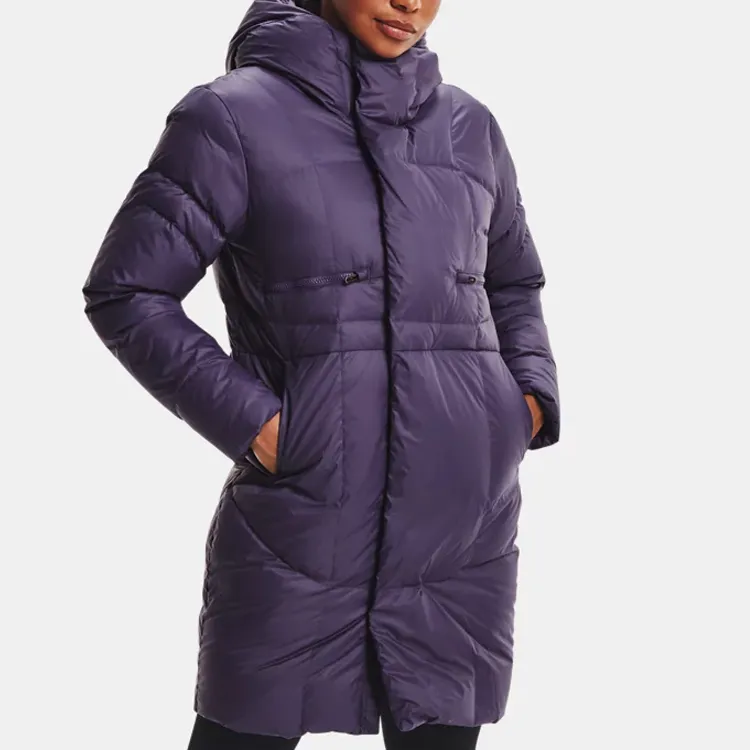 Under Armour Solid Color Hooded Fitted Moderate Mid Length Gray Duck Down Down Jacket Women's Purple-4