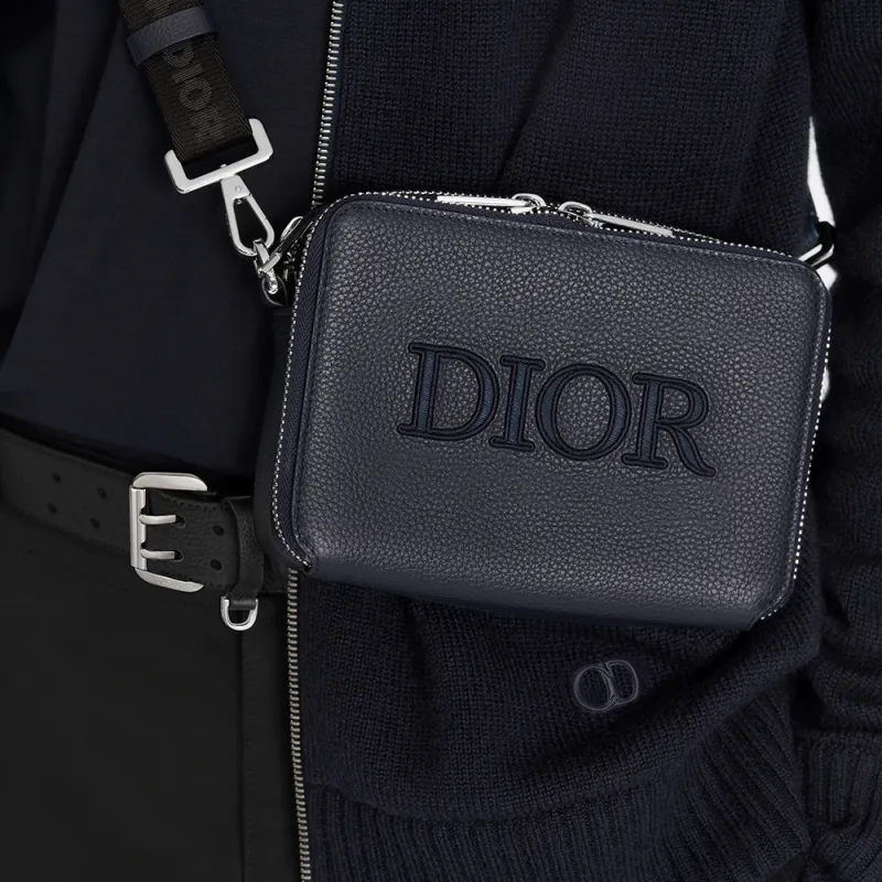 DIOR Grained Calfskin Messenger Bag Crossbody Bag Shoulder Bag Men's Navy-4
