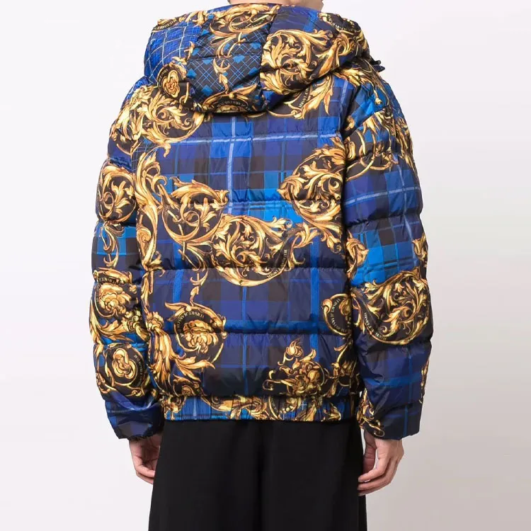VERSACE Abstract Pattern Solid Color Hooded Down Jacket Men's Blue-6