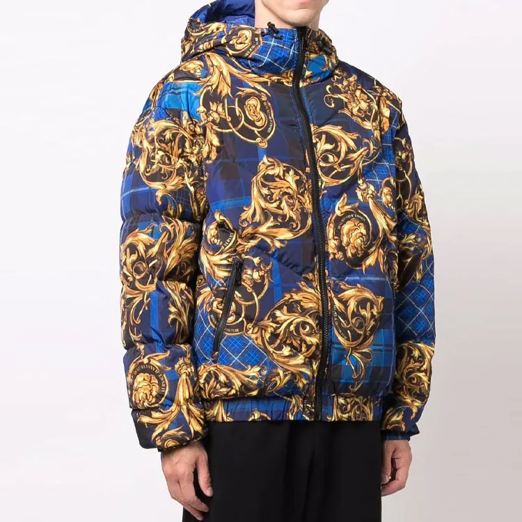 VERSACE Abstract Pattern Solid Color Hooded Down Jacket Men's Blue-5