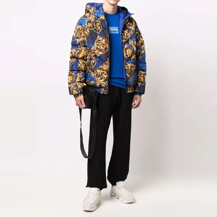 VERSACE Abstract Pattern Solid Color Hooded Down Jacket Men's Blue-3