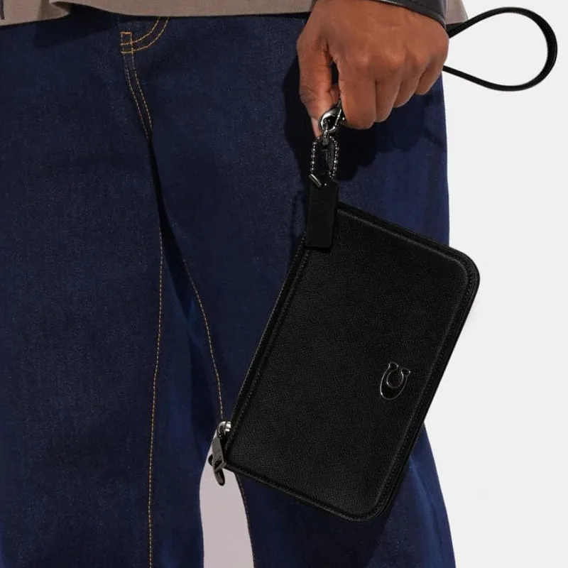COACH Pouch Cross Grain Leather With Canvas Clutch Handbag, Shoulder Bag Trumpets Women's Black-4