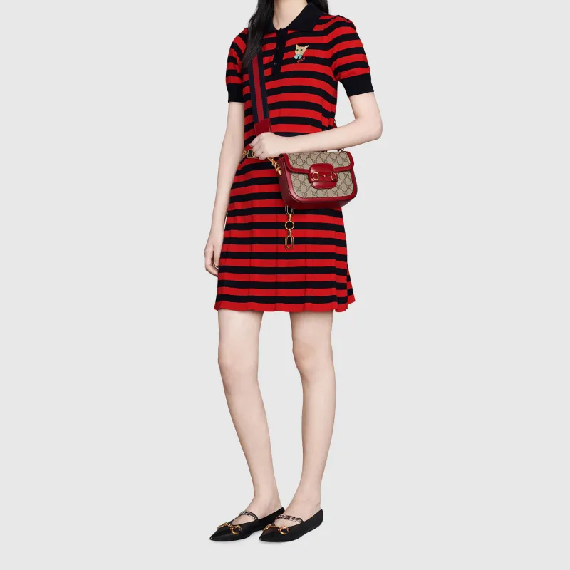 GUCCI Horsebit 1955 Canvas With Leather Saddle Bag Shoulder Bag Crossbody Bag Mini Women's Ebony/Red-9
