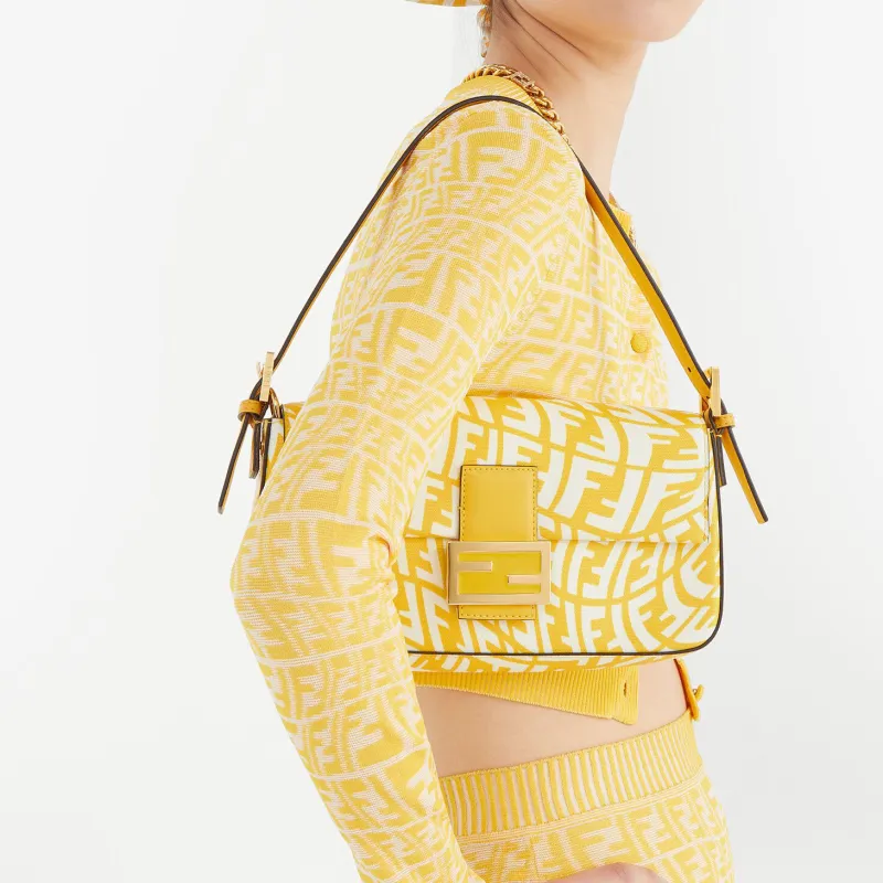 FENDI Baguette Glossy Canvas With Leather Baguette Shoulder Bag, Handbag Shoulder Bag Women's Yellow-4