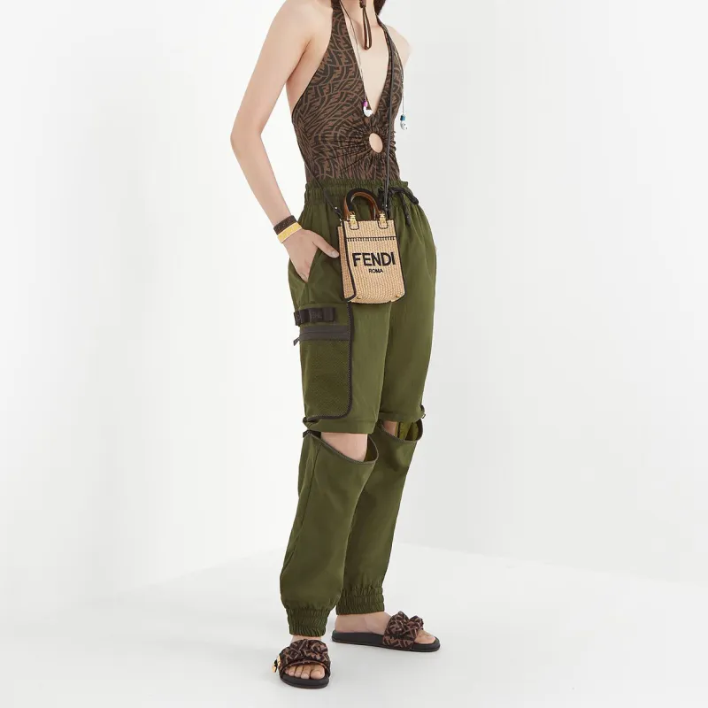 FENDI Sunshine Straw Cow Leather Tote Bag Shoulder Bag Crossbody Bag Handbag Mini Women's Khaki-4