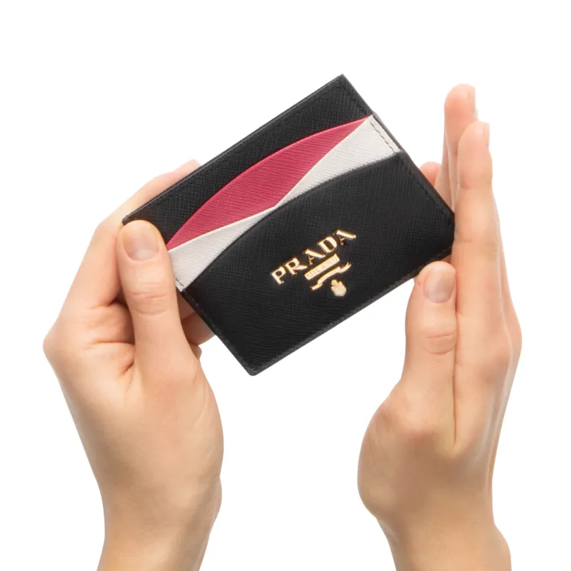 PRADA Saffiano Leather Card Holder Women's Black/Wood Chrysanthemum-5
