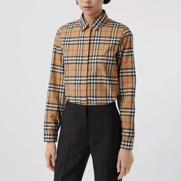 Burberry Vintage Women'ss Check Cotton Oversized Shirt Antique Yellow-3