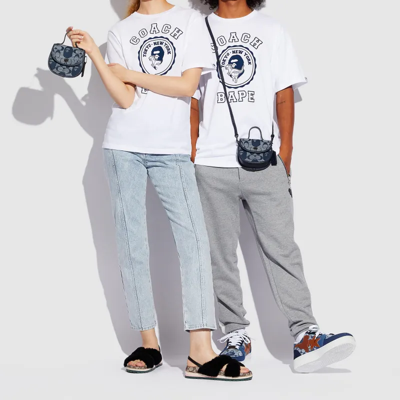 COACH X Bape Collaboration Jacquard Fabric With Leather Handbag, Shoulder Bag, Crossbody Bag Mini Unisex Denim Blue-3