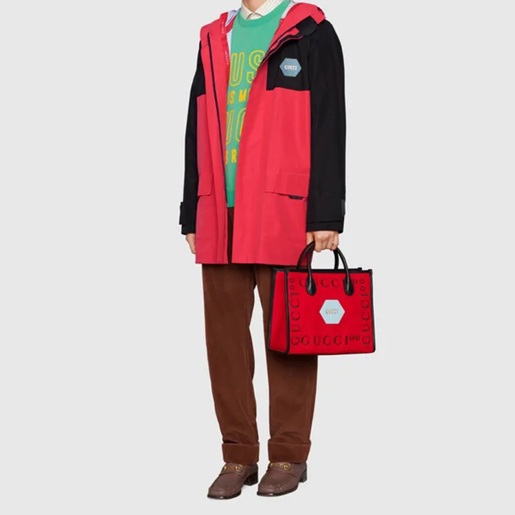GUCCI Felt Patchwork Tote Bag Shopping Bag Shoulder Bag Crossbody Bag Handbag Small Size Unisex Begonia Red/Black-5