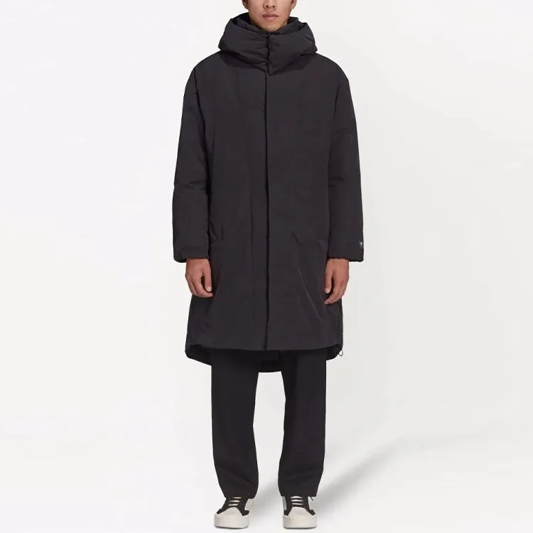 Y 3 FW21 Solid Color Hooded Mid Length Down Jacket Men's Black-2