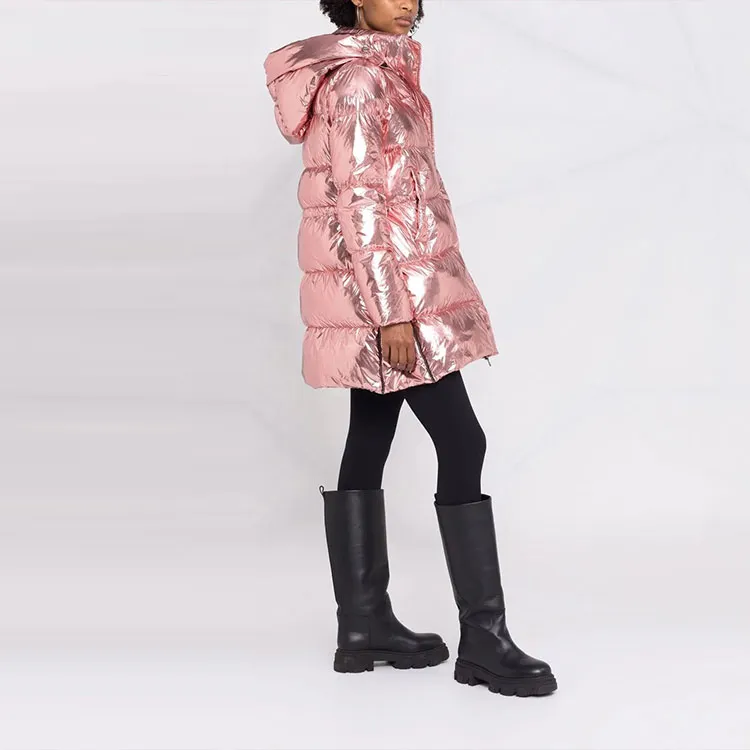 PINKO Shiny Hooded Mid-Length Puffer Jacket Women's Pink-3