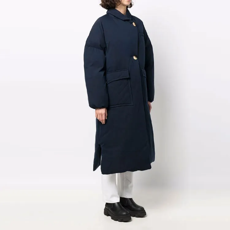 GANNI FW21 Solid Color Lapel Loose Fit Mid-Length Down Jacket Women's Blue-4
