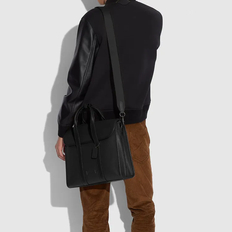 COACH Gotham Pebbled Leather With Refined Calfskin Computer Briefcase Tubas Men's Black-4
