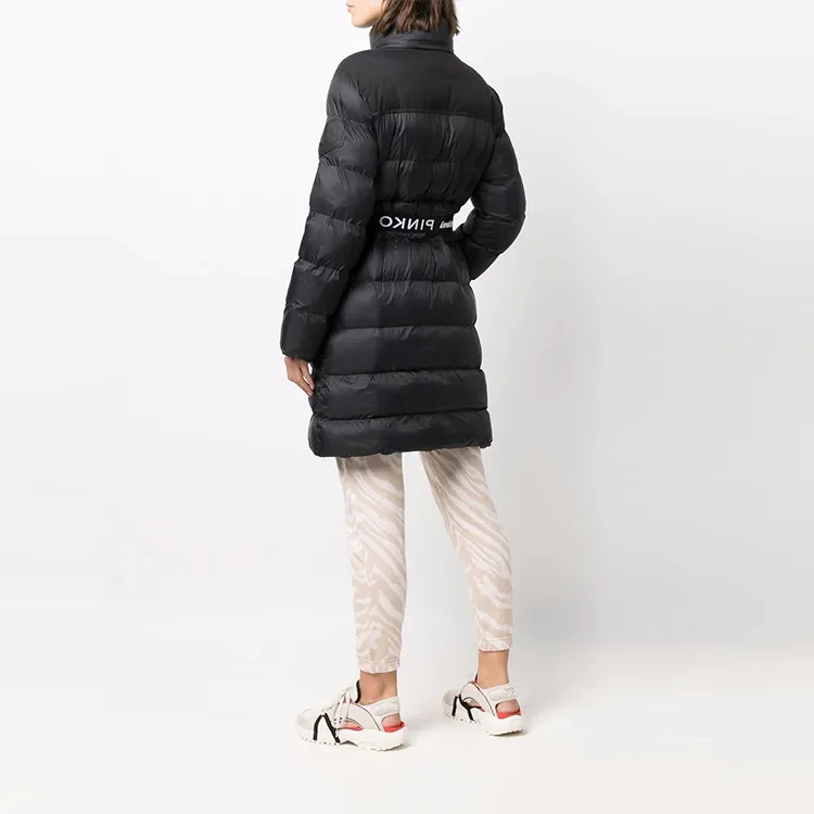 PINKO FW21 Solid Color Letters Hooded Mid-Length Puffer Jacket Women's Black-3