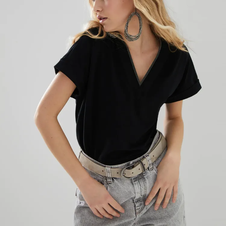 Brunello Cucinelli Embellished V Neck T Shirt-5