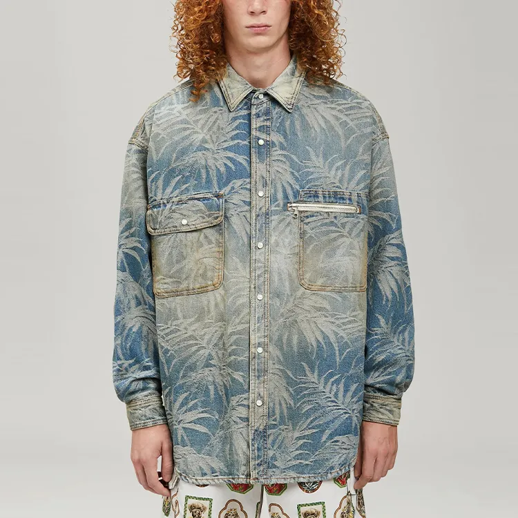 PALM ANGELS Palm-print Oversized Denim Shirt-2