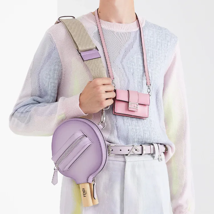 FENDI Leather Baguette Bag Necklace Pouch Handheld Shoulder Bag Mini Men's Pink-3