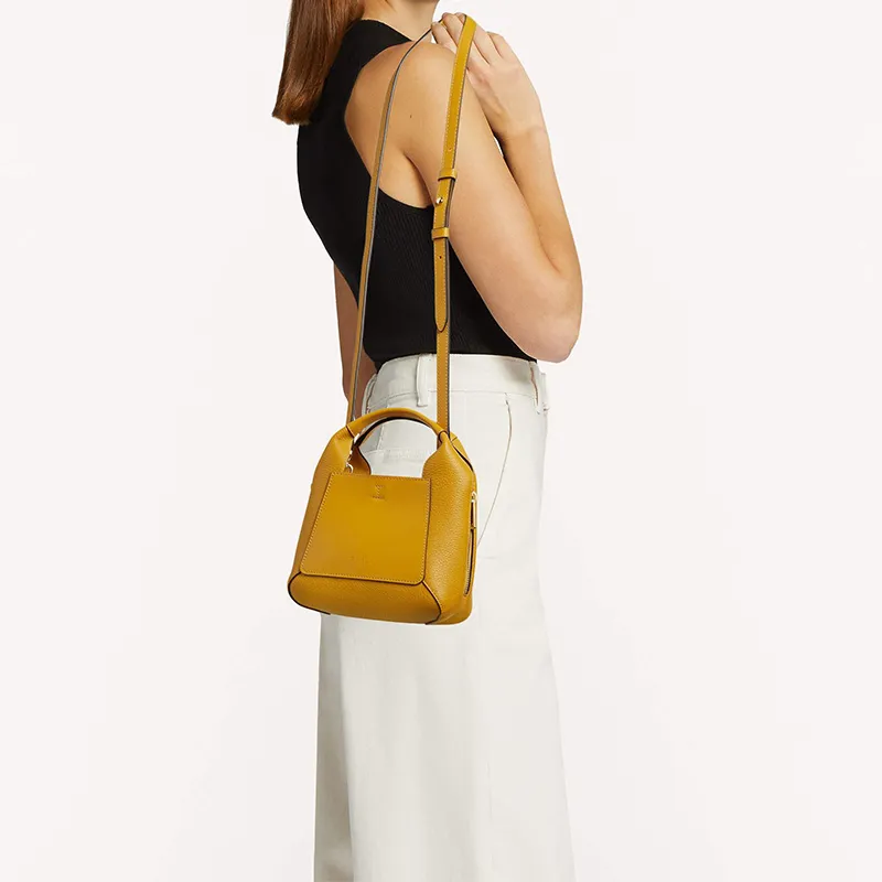 Furla Gilda Soft Calfskin Patchwork Grain Leather Tote Bag Shoulder Bag Mini Women's Yellow Brown-4