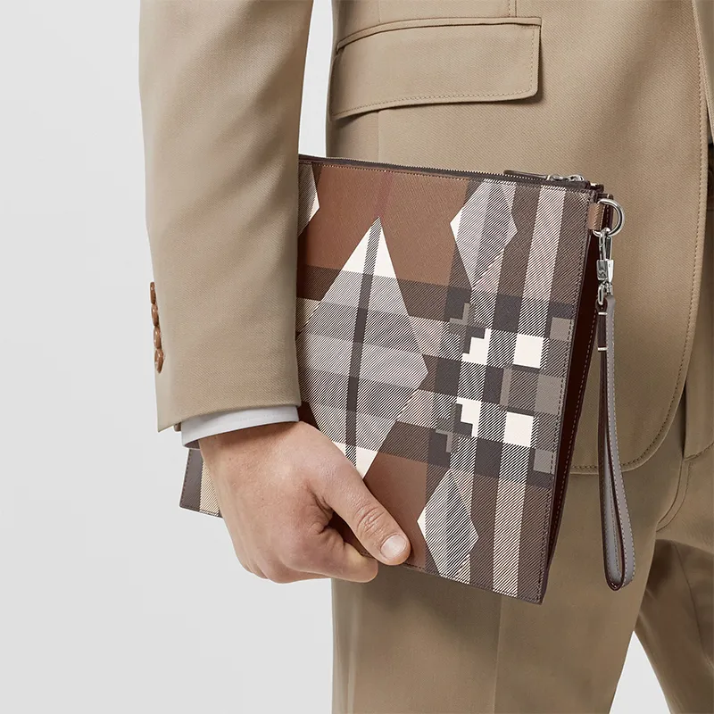 Burberry Large Geometric Check And Leather Zip Pouch 'Dark Birch Brown'-6