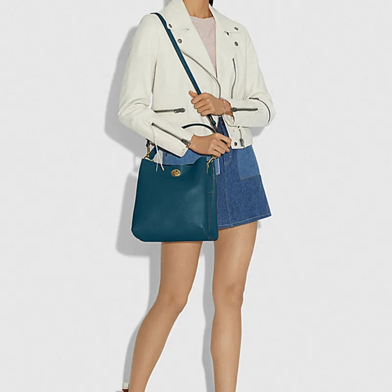 COACH Charlie Pebbled Leather Bucket Bags Shoulder Bag Crossbody Bag Large Size Women's Turquoise-3