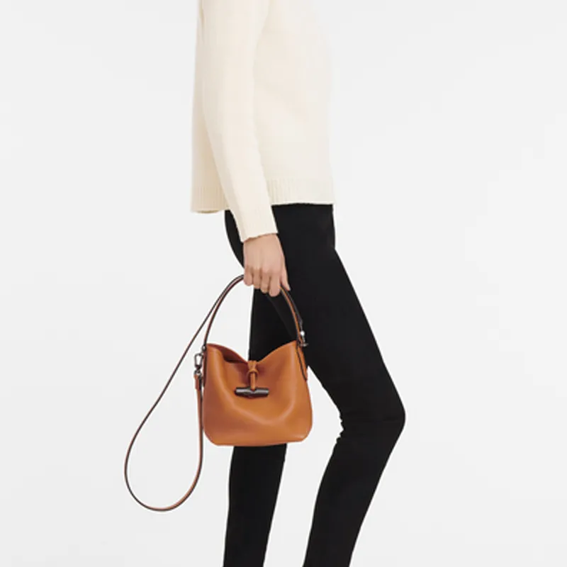 LONGCHAMP Cow Leather Bucket Bag Portable Crossbody Bag Shoulder Bag Small Size Women's Orange-4