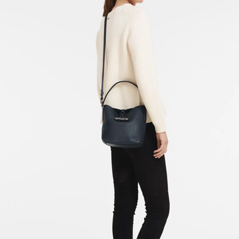 LONGCHAMP Cow Leather Bucket Bag Crossbody Handbag Shoulder Bag Small Size Women's Navy-4