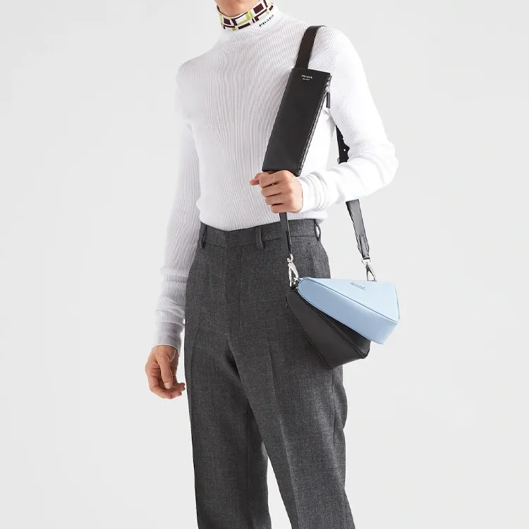 PRADA Saffiano Leather Crossbody Bag Shoulder Bag Men's Black/Light Blue-4