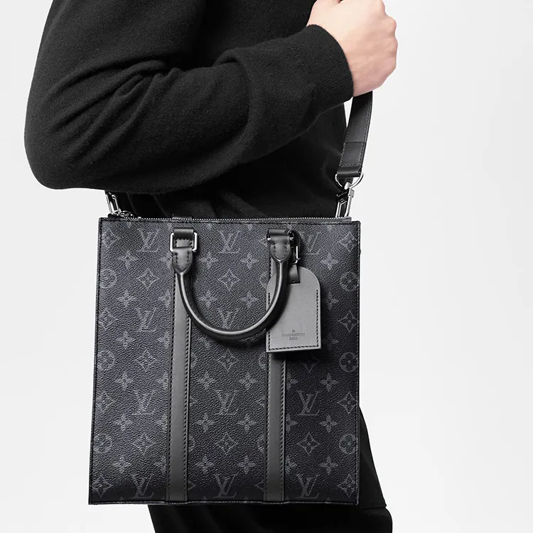 LOUIS VUITTON Sac Plat Coated Canvas Cow Leather Patchwork Trim Handbag Shoulder Bag Crossbody Bag Regular Men's Black-6