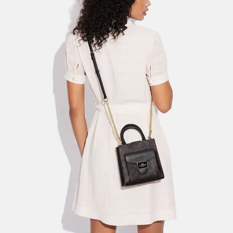 COACH Pepper Canvas With Leather Shoulder Bag, Crossbody Bag, Handbag Trumpets Women's Khaki Brown & Black-4