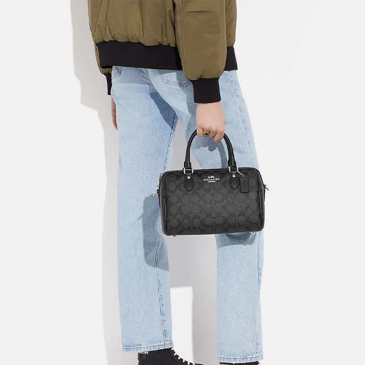 COACH Rowan Coated Canvas With Leather Briefcase Handbag Shoulder Bag Crossbody Bag Medium Size Women's Black-4