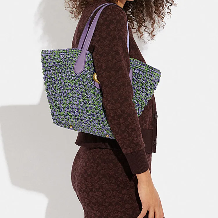 COACH Straw Woven With Leather Tote Bag Shopping Bag Basket Bag Handbag Shoulder Bag Women's Multicolor-4