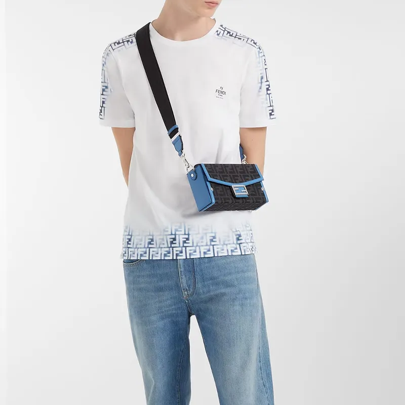 FENDI Baguette Cow Leather Shoulder Bag, Crossbody Bag, Handbag Men's Blue Gray-5