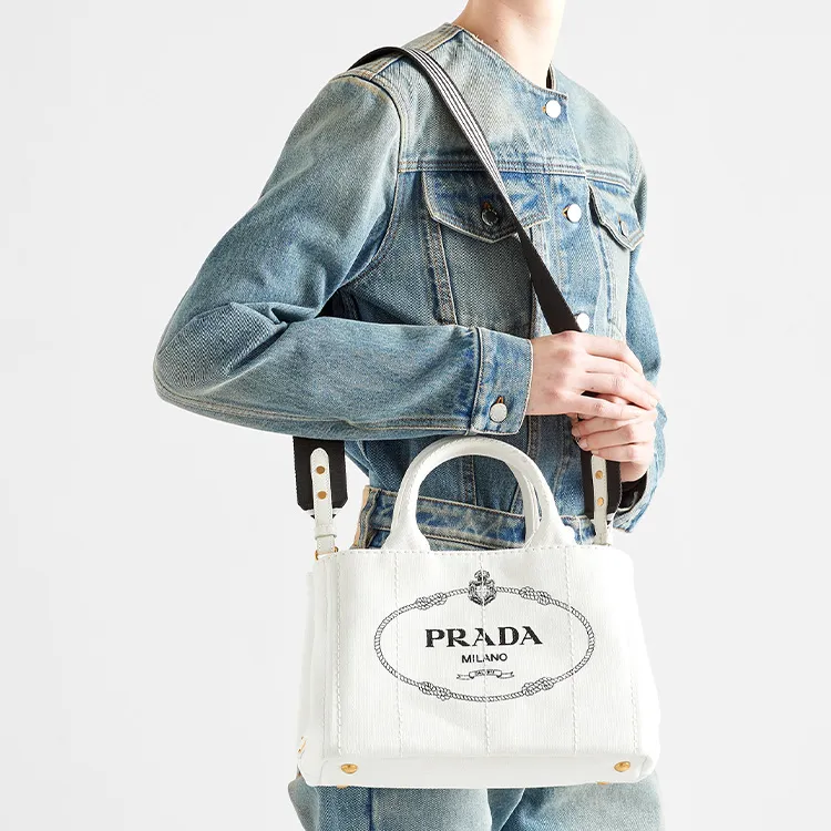 PRADA Fabric Tote Bag Shopping Bag Shoulder Bag Crossbody Bag Handbag Small Size Women's White-6
