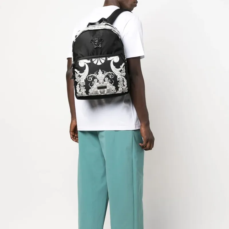 VERSACE Cow Leather Backpack Men's Black & White-4