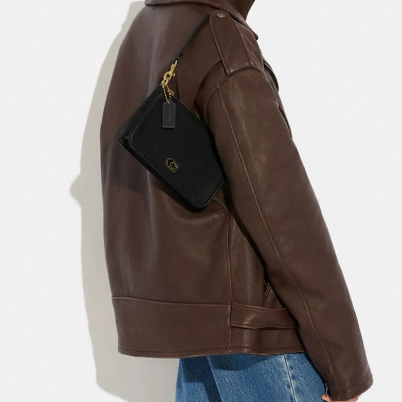 COACH Pouch Cross Grain Leather With Canvas Clutch Handbag, Shoulder Bag Trumpets Women's Black-5